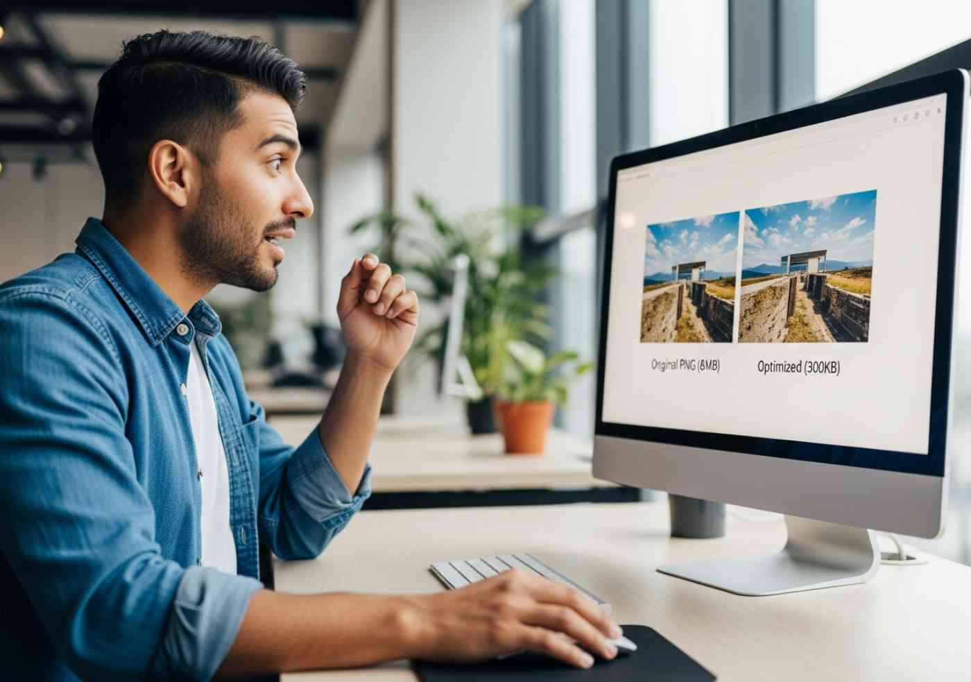 Un primer plano de la interfaz de TinyPNG en un monitor, mostrando cómo reducir el peso de un archivo PNG.