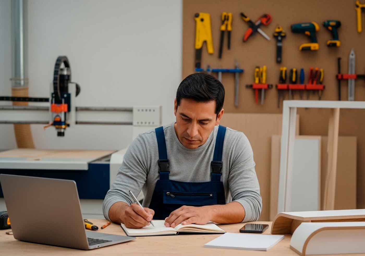 Carpintero experto en su taller diseñando un curso online sobre carpintería moderna y muebles de melamina en su laptop.