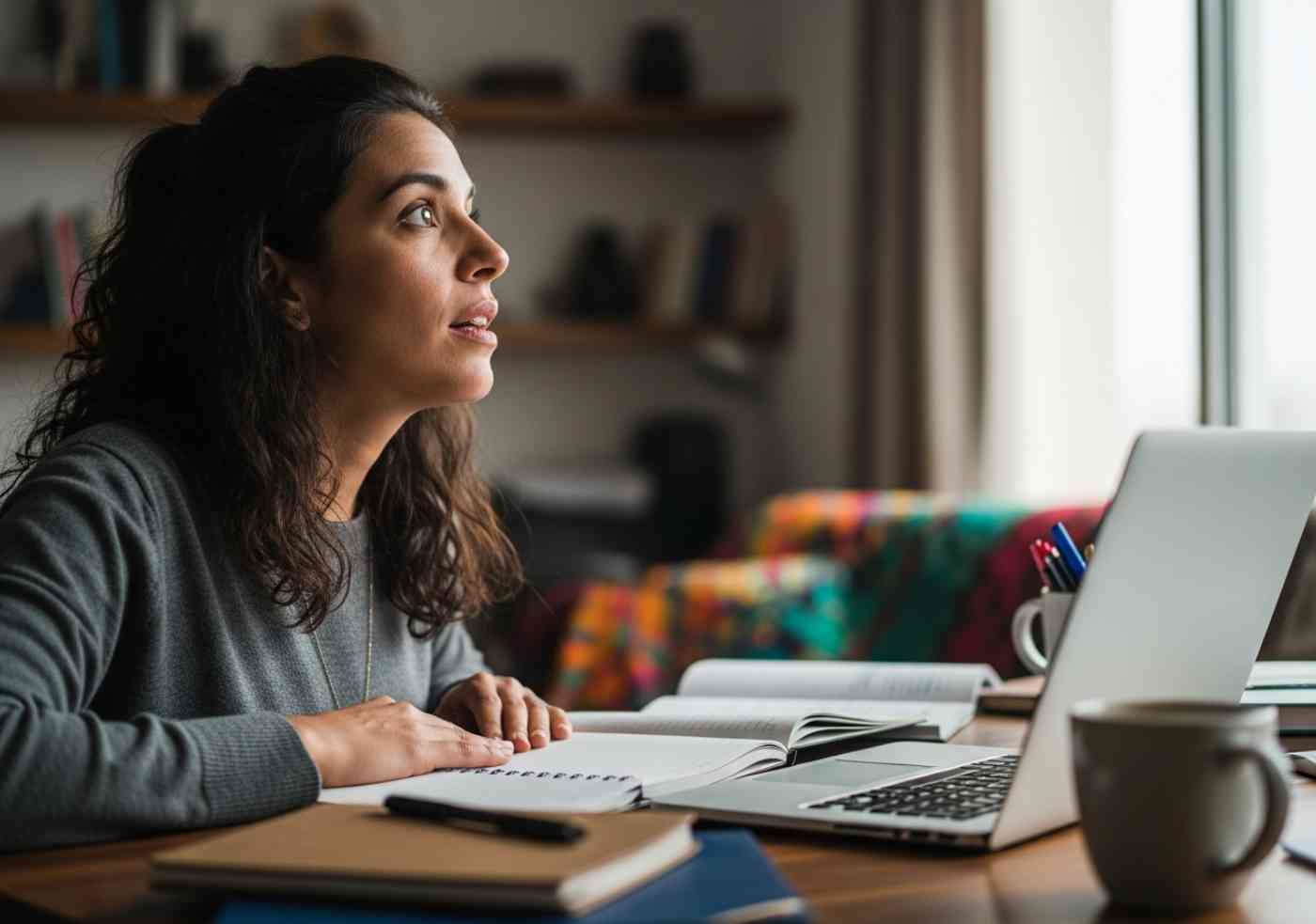 Una emprendedora peruana en su oficina en casa, teniendo un momento de claridad mientras aprende cómo iniciar un negocio online.