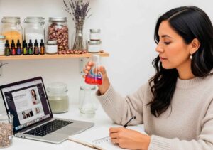 Experta en belleza creando un curso online de cosmética natural en su estudio mientras formula un sérum artesanal.