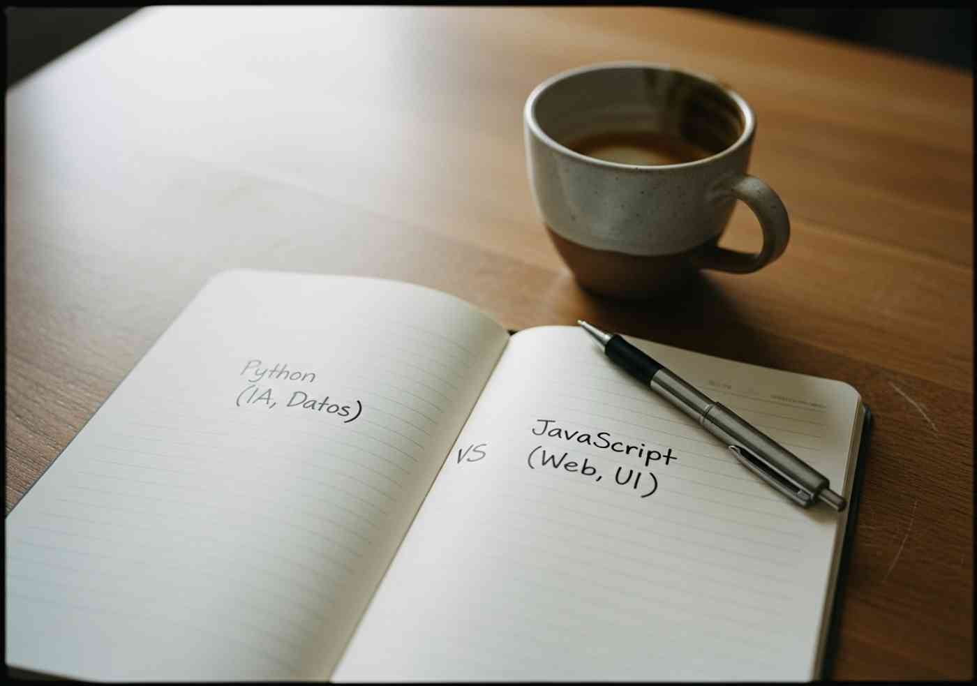 Una comparativa visual de Python vs JavaScript en un cuaderno de estrategia sobre un escritorio de oficina.