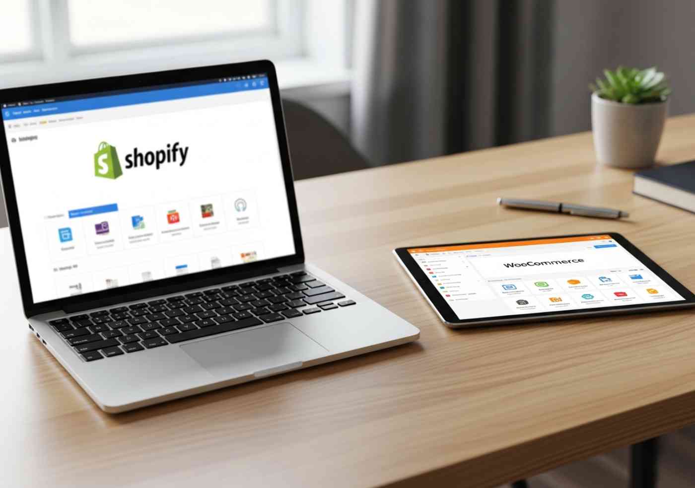 Una comparativa de Shopify vs WooCommerce para e-commerce, mostrada en una laptop y una tablet sobre un escritorio de oficina moderno.