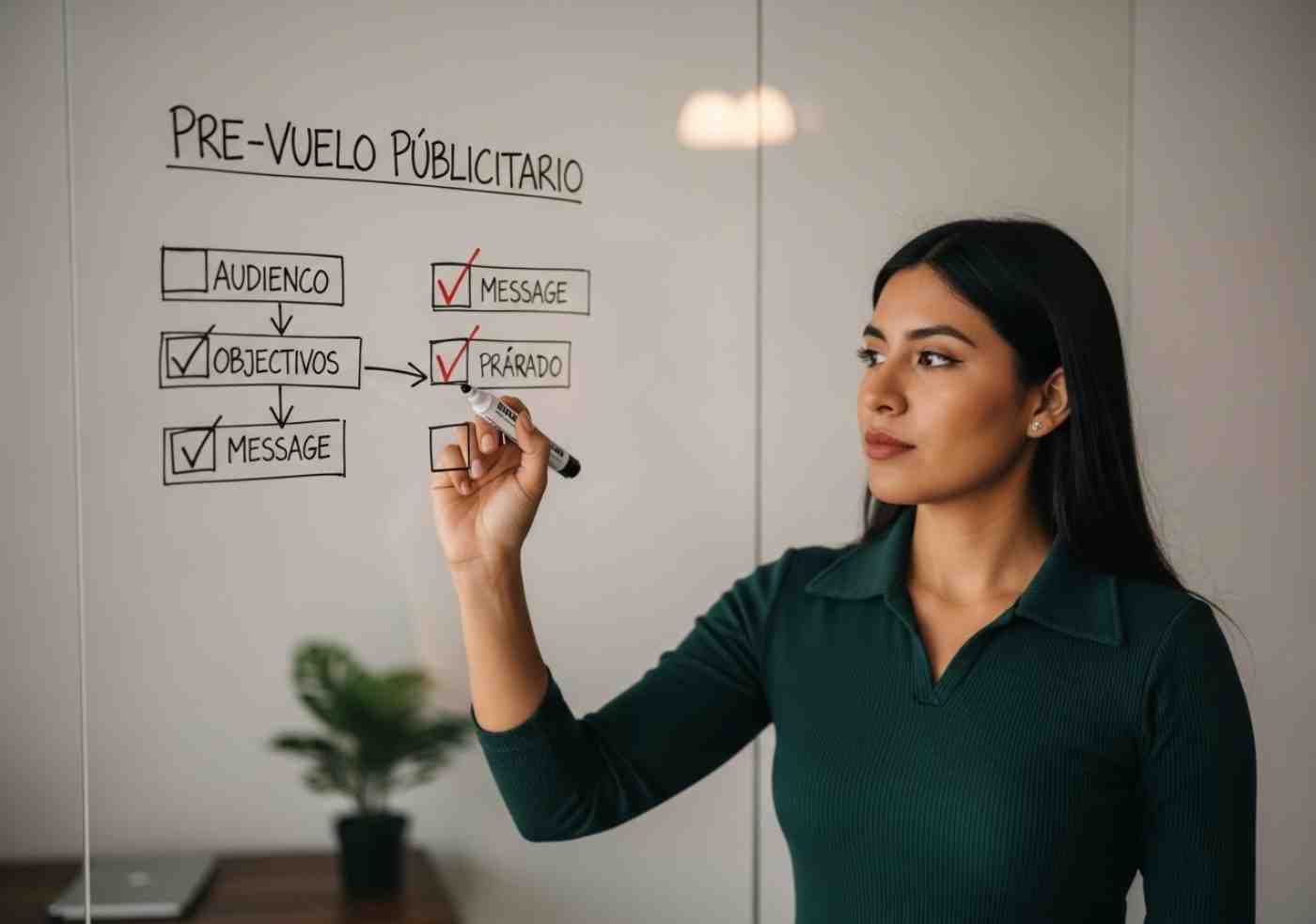 Una mujer emprendedora peruana, concentrada, tacha elementos en un checklist en una pizarra de vidrio, planeando su estrategia de marketing.
