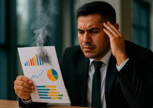 Empresario latinoamericano confundido al observar un reporte de marketing con gráficos que se desvanecen en humo, simbolizando resultados vacíos y falta de confianza en su agencia. Reporte de marketing