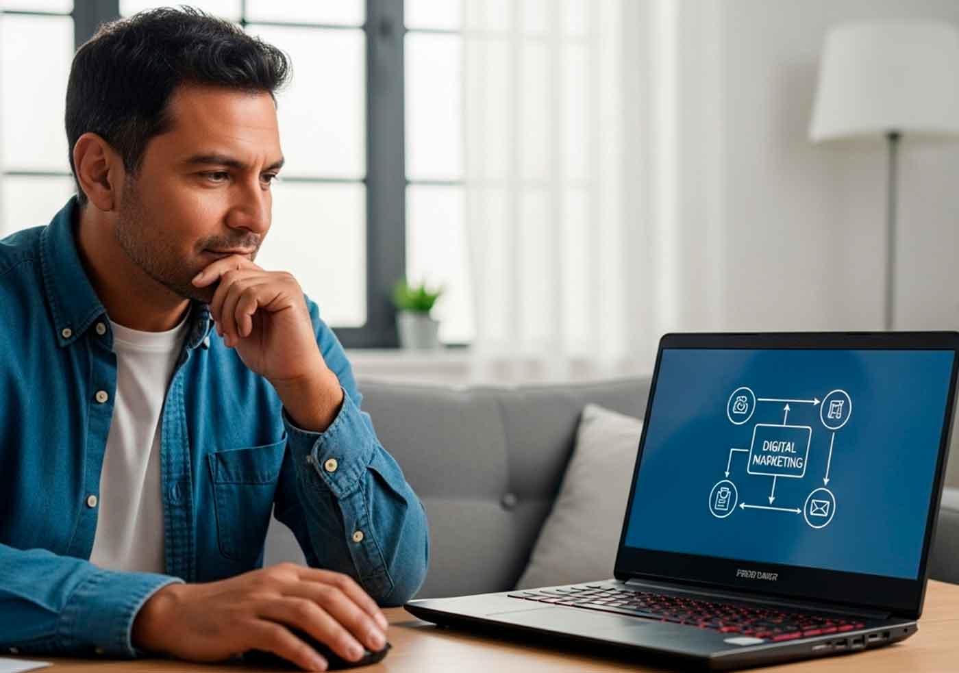empresario pensando a quien puede contratar para delegar el marketing de su empresa