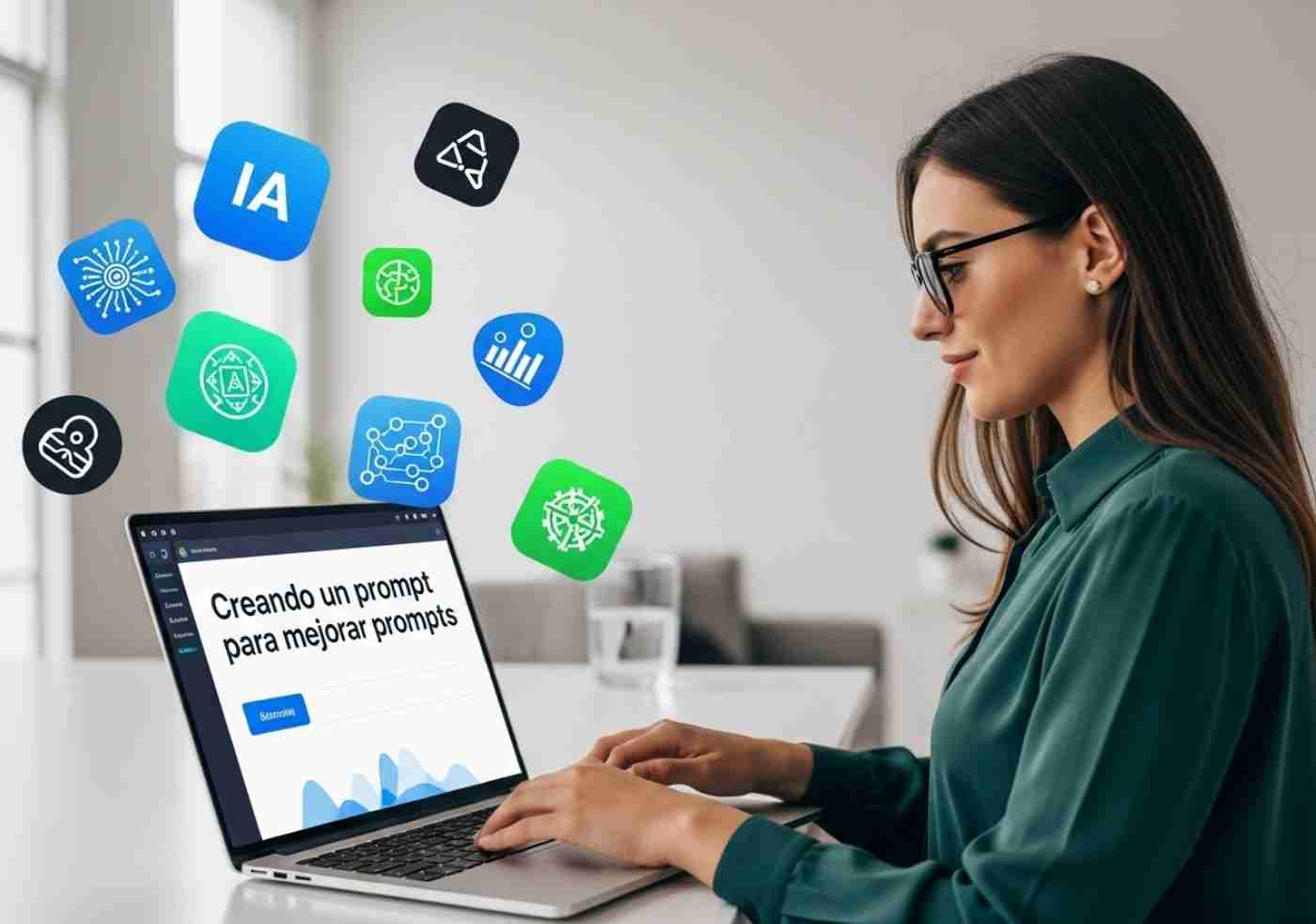 Mujer joven trabajando en su computadora creando prompts optimizados, con íconos de IA y gráficos flotando, simbolizando la automatización en la creación de prompts.