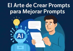 Ilustración digital de un joven creando un prompt optimizado con IA, con bombilla brillante y icono de robot, representando el proceso de crear prompts para mejorar prompts