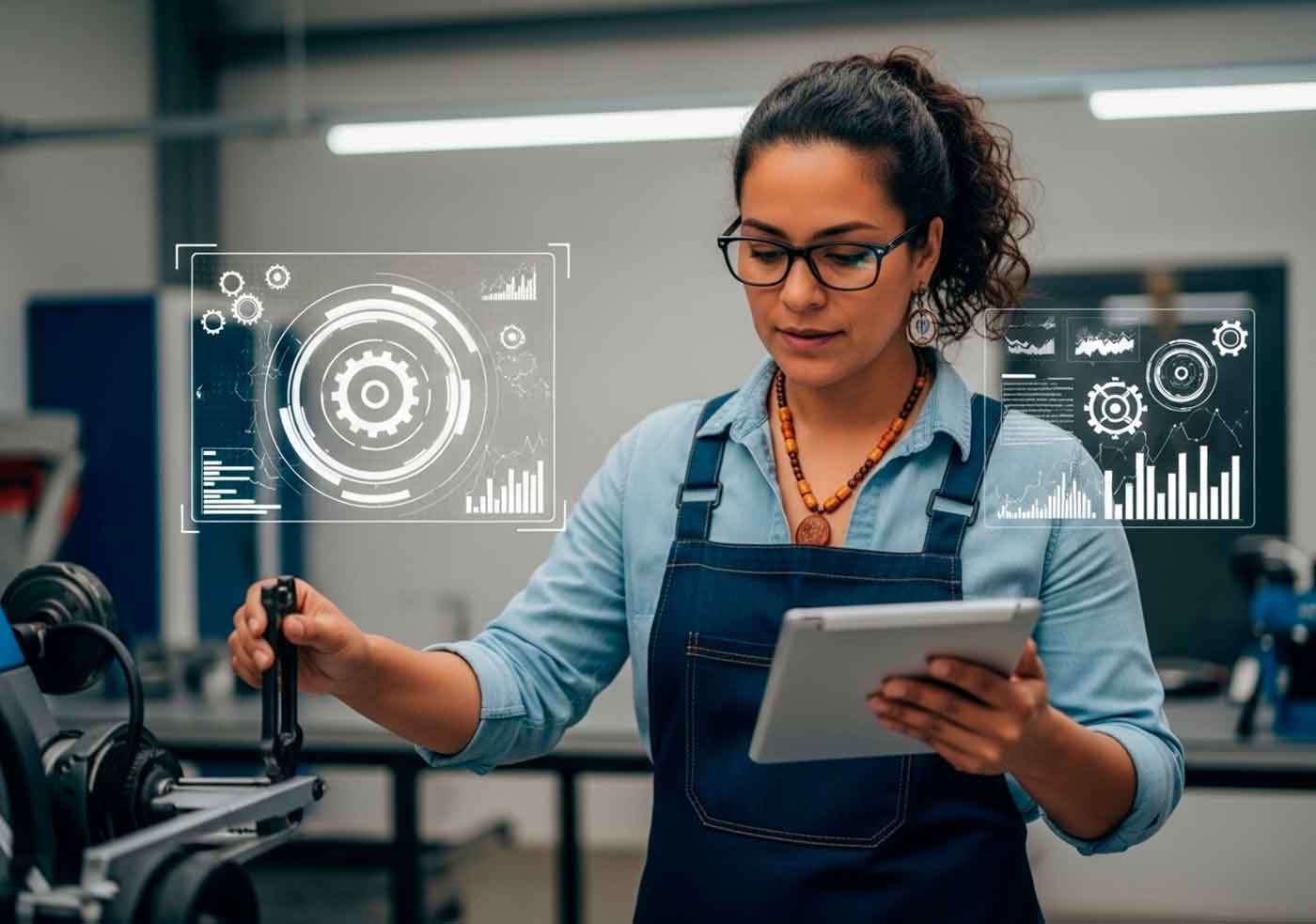 Empresaria latina trabajando en un taller mecánico moderno con elementos de inteligencia artificial y utilizando herramientas tecnológicas.