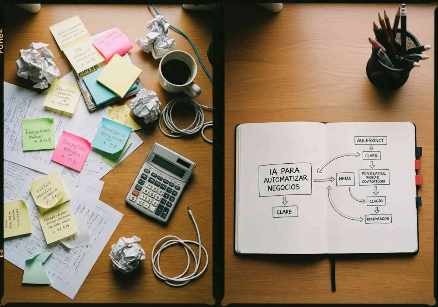 Un escritorio dividido mostrando el caos manual vs. el orden de la IA para automatizar negocios.