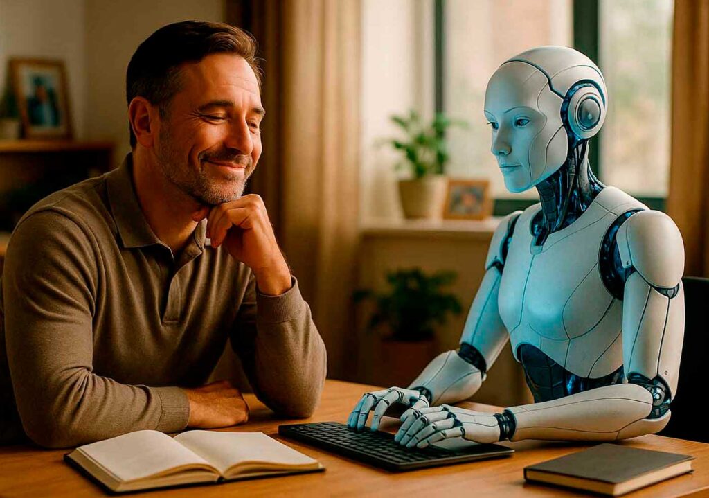 dueño de negocio y robot IA soluciones para empresa peru
