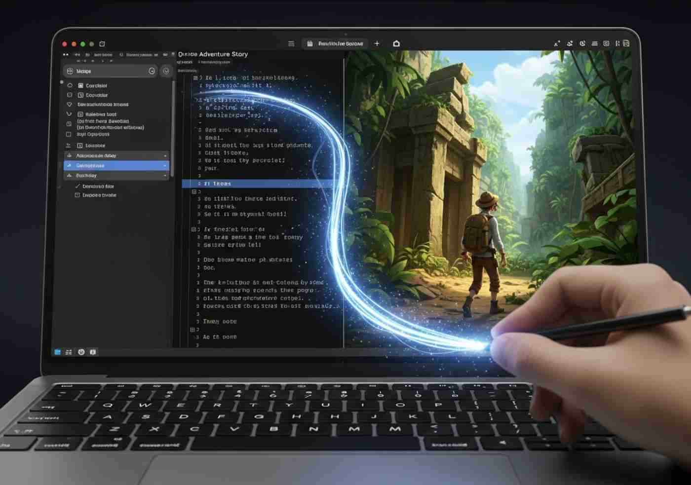 na mano escribe una historia en una laptop y el texto se transforma en una escena animada, demostrando el proceso de creación de videos animados a partir de un simple relato.