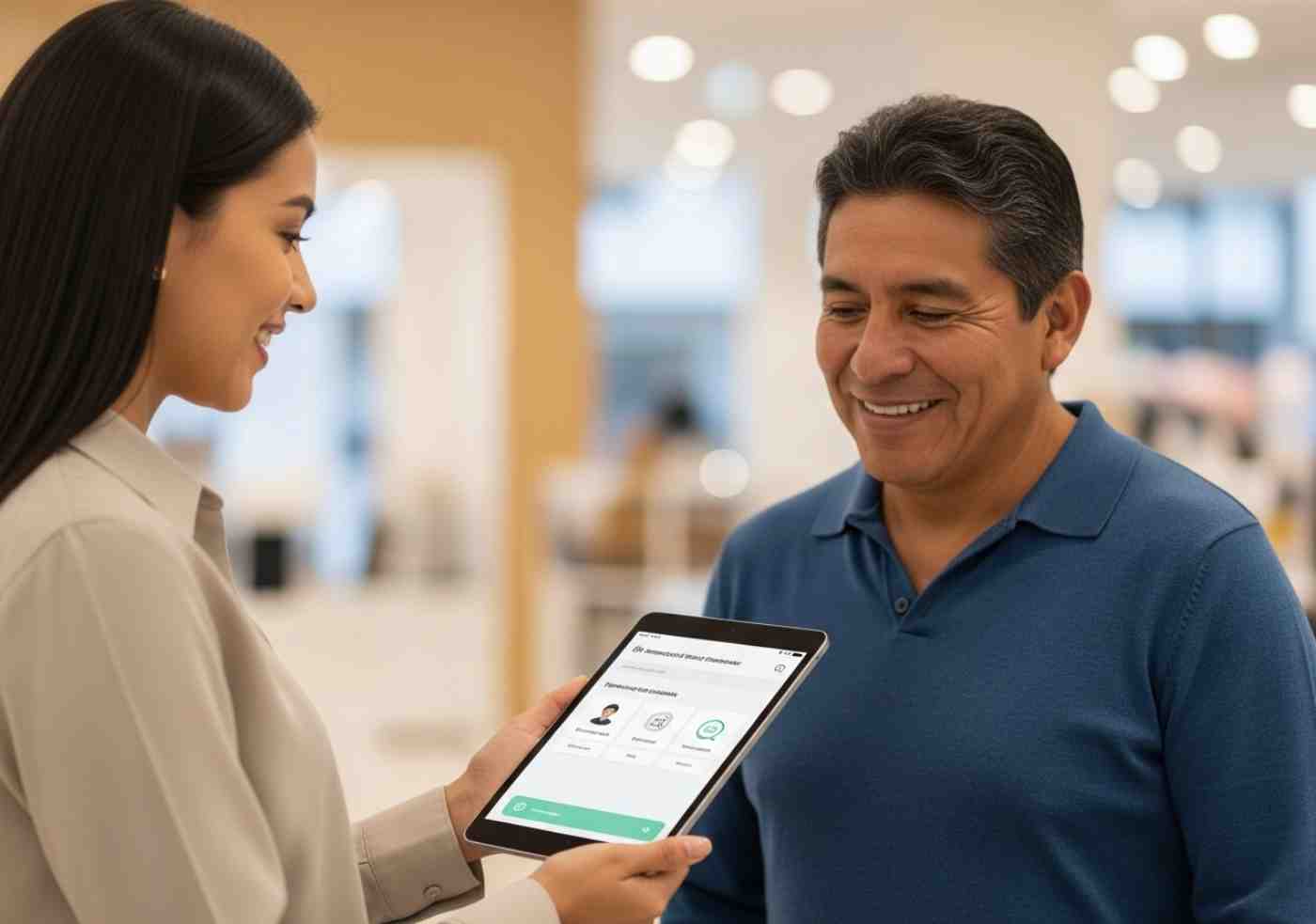 Empleado utilizando una tablet con soluciones de IA para mejorar la experiencia del cliente, quien se muestra satisfecho.