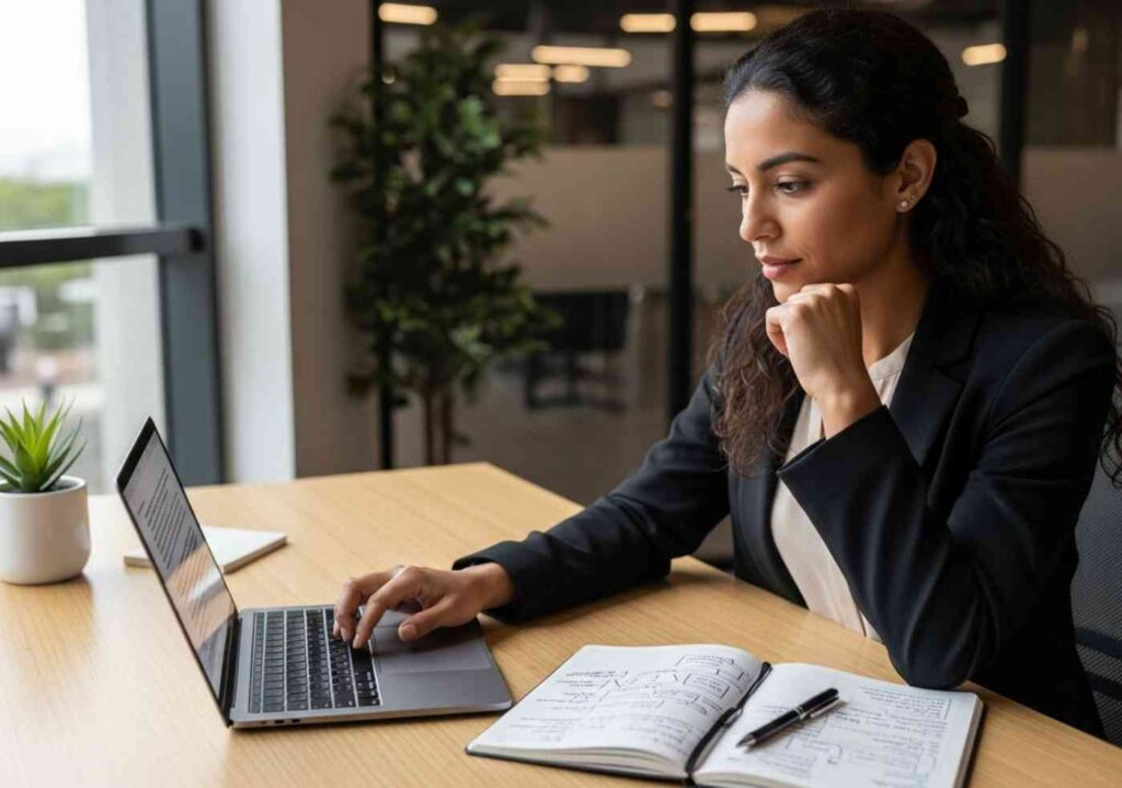 Una estratega de marketing revisa un borrador de artículo con IA en su laptop, añadiendo notas a mano para humanizar el contenido y asegurar que posiciona en Google.