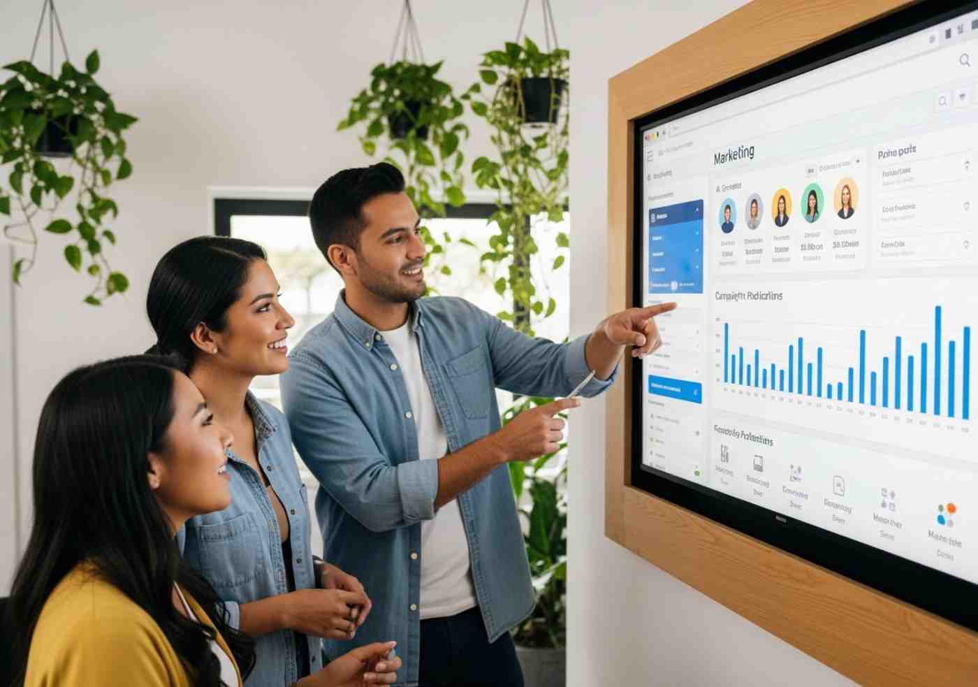 Equipo de marketing estratégico colaborando frente a una pantalla con dashboards, aplicando la automatización de marketing con IA.
