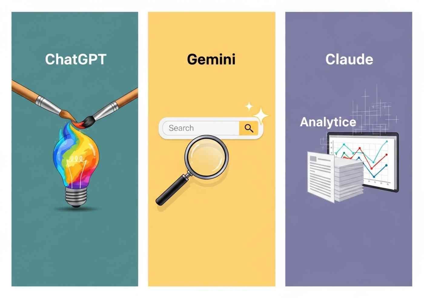 Comparativa visual de los logos de ChatGPT, Gemini y Claude, cada uno con un icono que representa su fortaleza principal: creatividad, investigación en tiempo real y análisis de documentos.