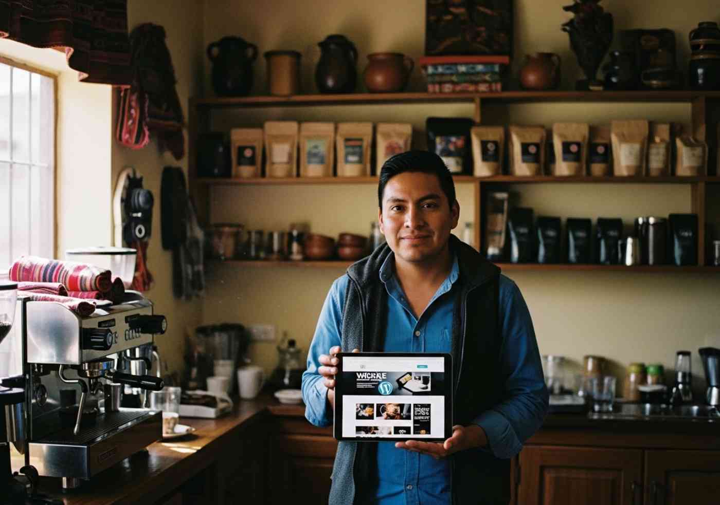 Dueño de un café en Cusco mostrando con orgullo su nueva página web en WordPress en una tablet.