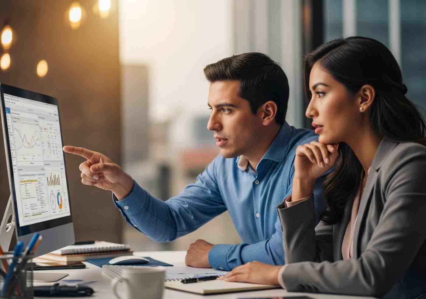 Dos profesionales discutiendo una estrategia de contenidos frente a un monitor, demostrando la colaboración humana necesaria para guiar a la inteligencia artificial.