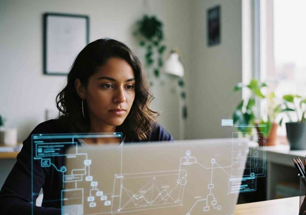Emprendedora peruana analizando una guía de hosting para su primer proyecto web en su oficina.