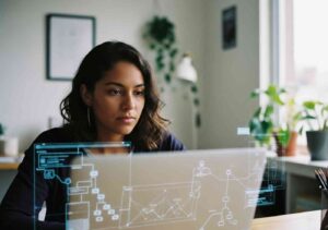 Emprendedora peruana analizando una guía de hosting para su primer proyecto web en su oficina.