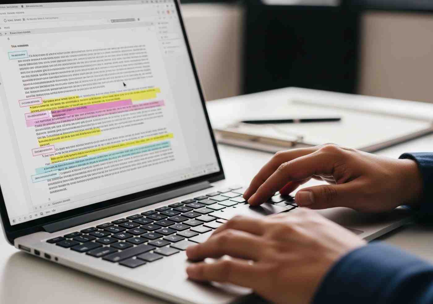 Primer plano de las manos de un escritor editando un texto en pantalla, inyectando la voz de marca y la experiencia personal en un borrador generado por IA.