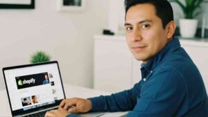 Una emprendedora latina sonriendo mientras gestiona su tienda online en la plataforma Shopify, mostrando la facilidad y claridad de la interfaz.