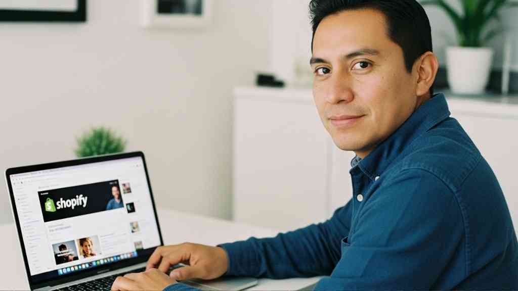 Una emprendedora latina sonriendo mientras gestiona su tienda online en la plataforma Shopify, mostrando la facilidad y claridad de la interfaz.