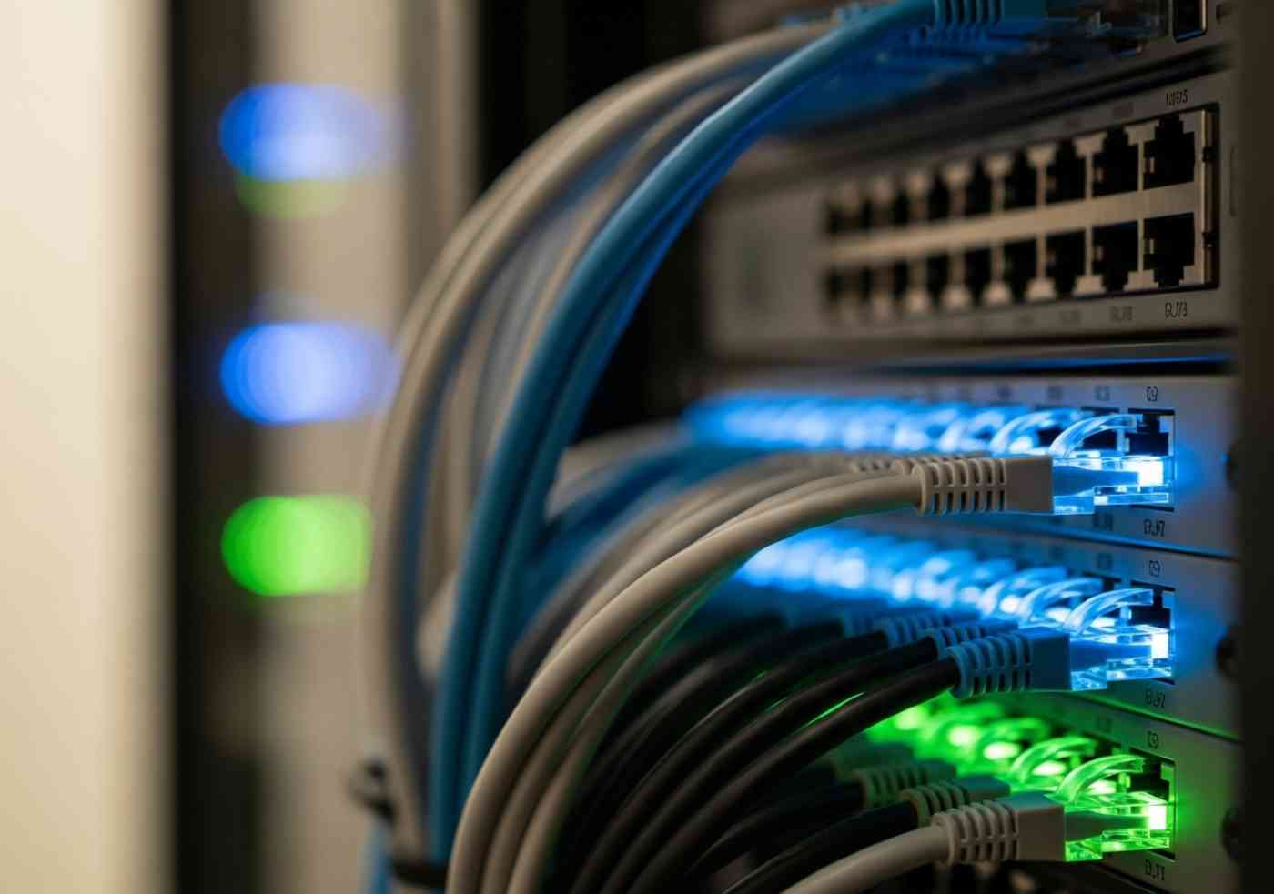 Primer plano de cables de red conectados a un servidor de hosting, simbolizando una infraestructura web estable.