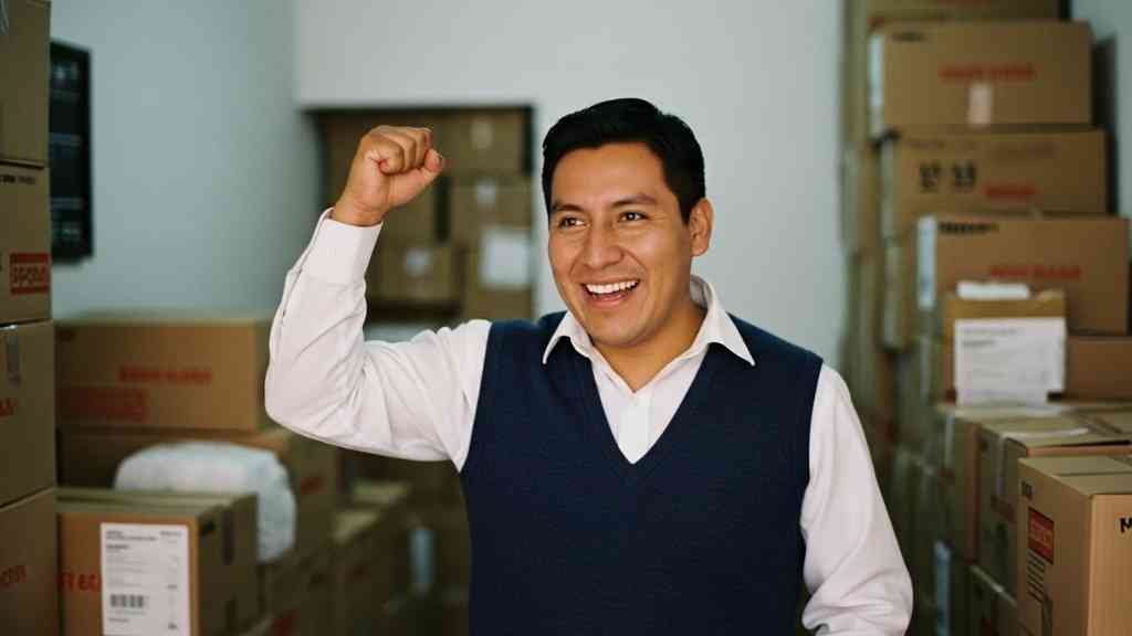 Un empresario latino celebrando el éxito de sus ventas, simbolizando cómo Shopify le ha permitido vender más y alcanzar sus metas comerciales.