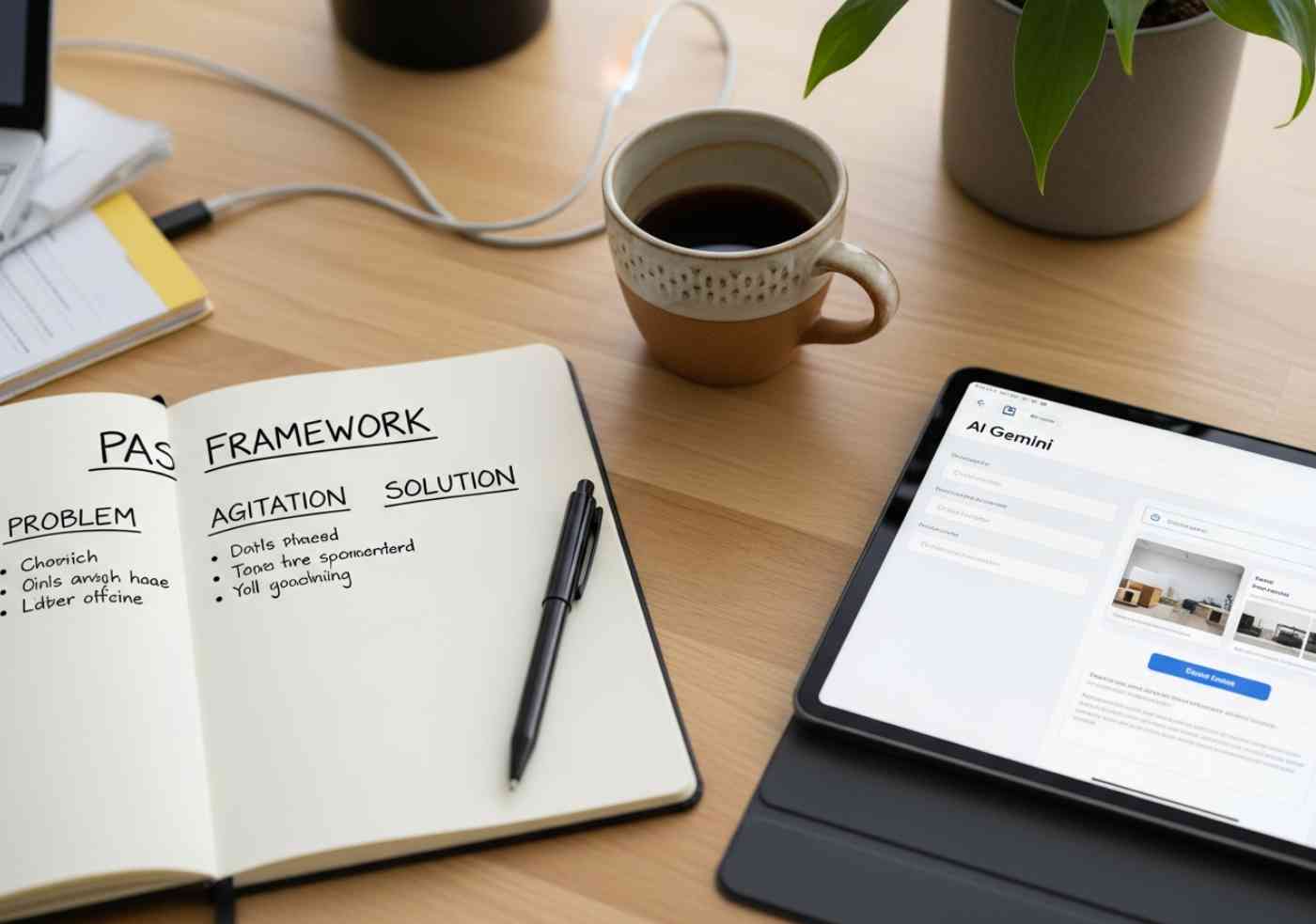 Un escritorio con un cuaderno que muestra un framework de copywriting (PAS) dibujado a mano, al lado de una tablet mostrando la interfaz de Gemini para anuncios.