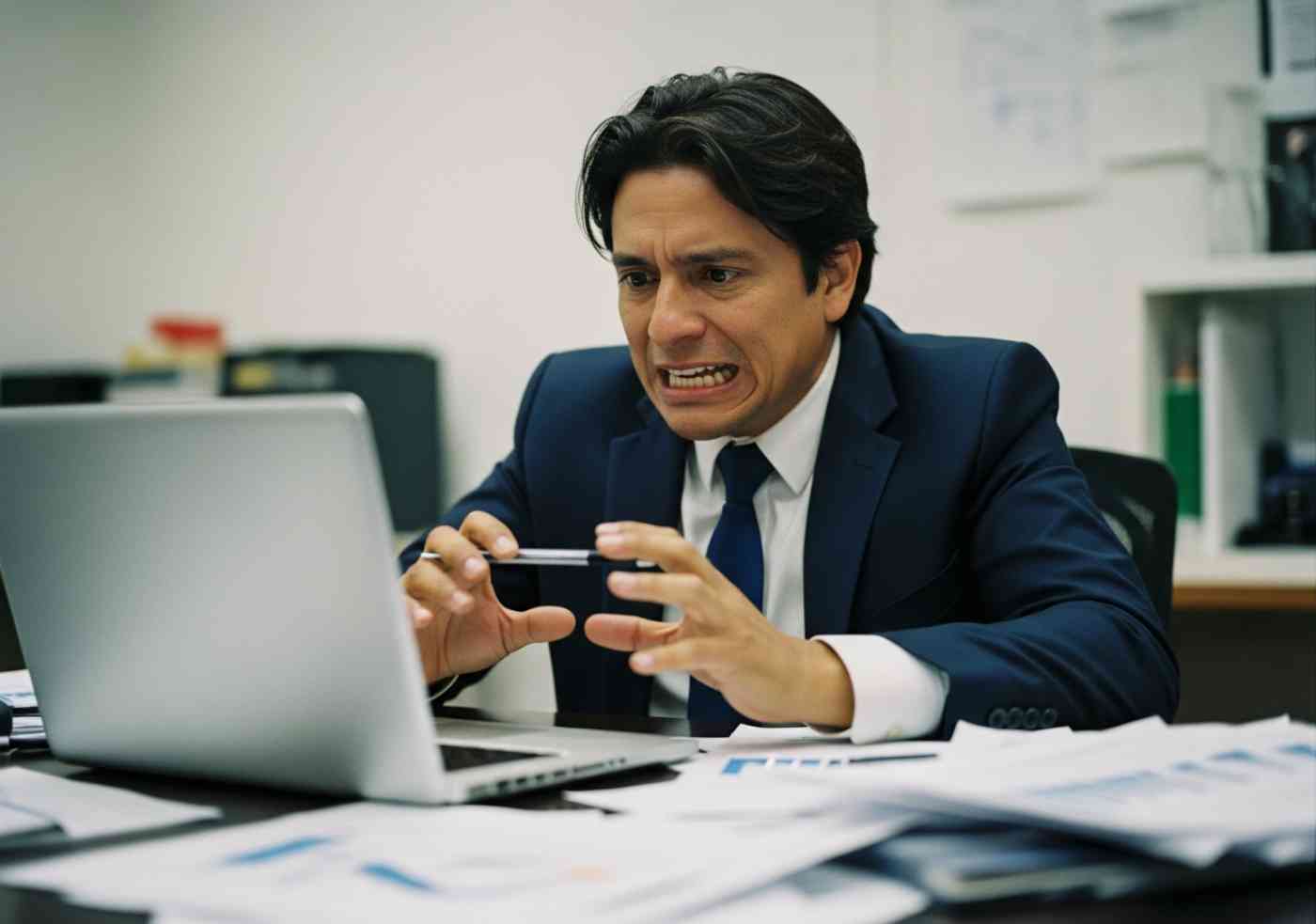 Un emprendedor abrumado sintiendo el caos de su marketing, ilustrando la necesidad de mejores prompts para anuncios.