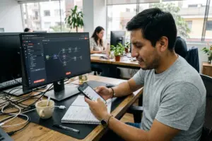 Especialista en operaciones en San Isidro Lima revisando flujo de n8n en monitor y chats de clientes en WhatsApp Business para respuesta en menos de 15 minutos