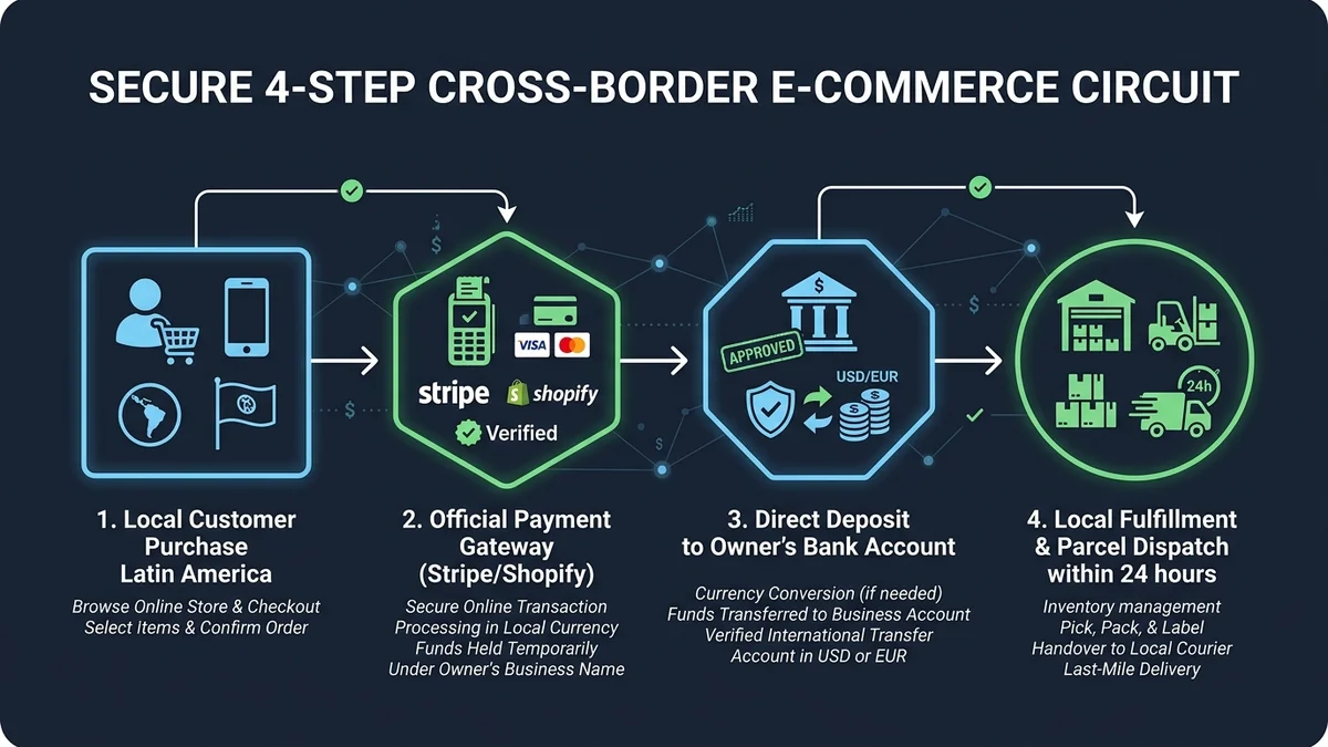 Diagrama de 4 pasos explicando el flujo de cobro con Stripe o Shopify en el exterior, depósito directo en dólares o euros y despacho local en Lima