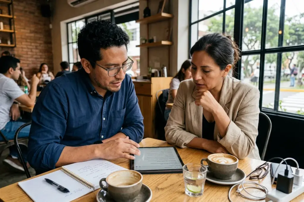 Consultor senior y directora comercial en cafetería de Miraflores revisando recomendaciones de marca en motores de IA