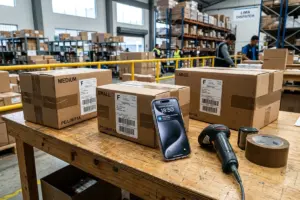 Mesa de empaque y despacho de pedidos de e-commerce en almacén de Lima con cajas etiquetadas y teléfono recibiendo pagos en dólares