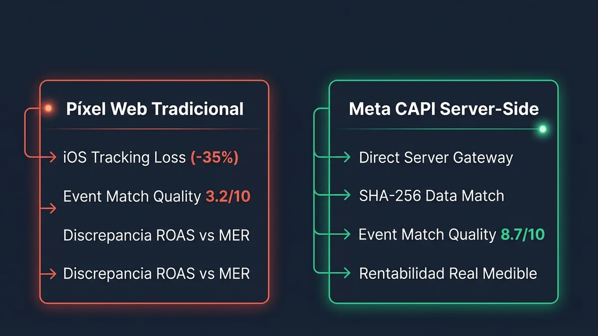 Diagrama de auditoría forense comparando la pérdida del 35% de datos del píxel web frente a la precisión y calidad 8.7 de Meta CAPI
