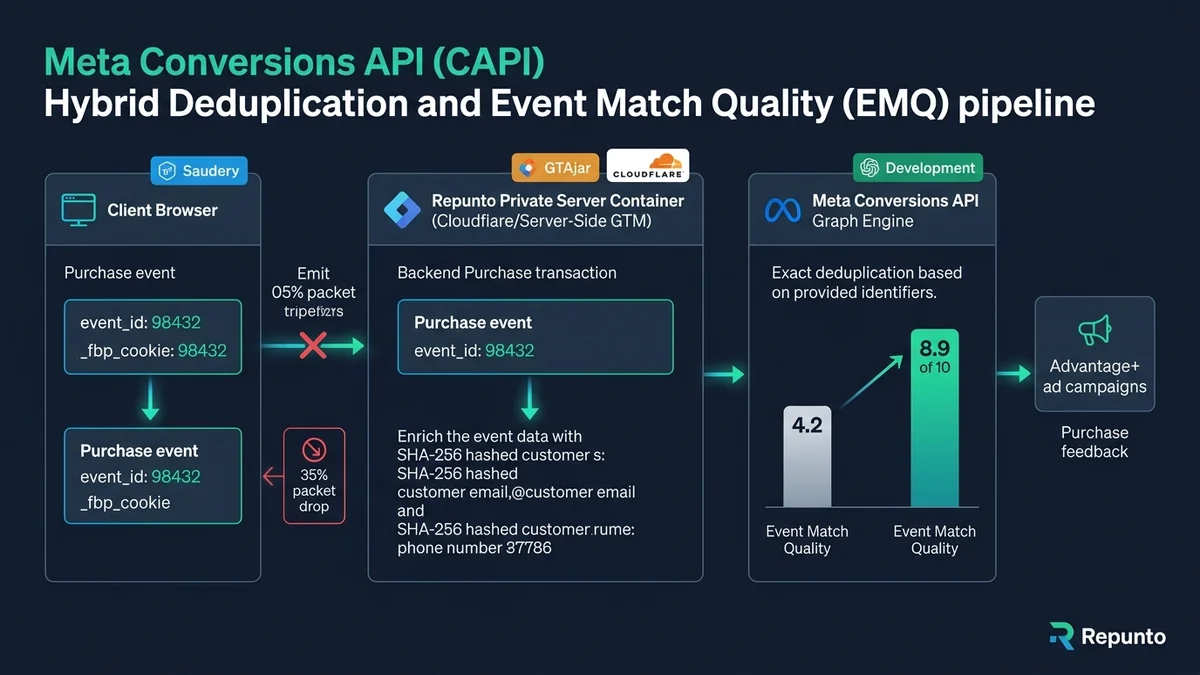 Diagrama de arquitectura técnica explicando la deduplicación de eventos híbrida y la elevación de Event Match Quality en Meta Conversions API Server-Side